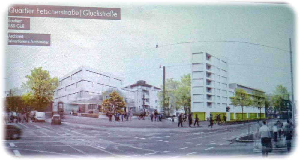 So soll der Wohn-Gewrebe-Komplex zwischen Gluckstraße und Fetscherstraße aussehen. Visualisierung: Leinert Lorenz, repro: hw
