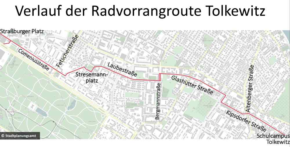Die Karte zeigt den geplanten Verlauf der Fahrradstraße Ost in Dresden. Karte: Stadtplanungsamt LHD