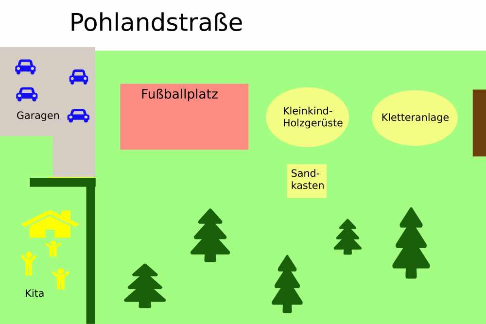 Der Hermann-Seidel-Park soll um die Flächen wachsen, die bisher von Garagen eingenommen werden. Entlang der Pohlandstraße könnte dann ein durchgängiger Spielplatzstreifen entstehen. Grafik: Heiko Weckbrodt