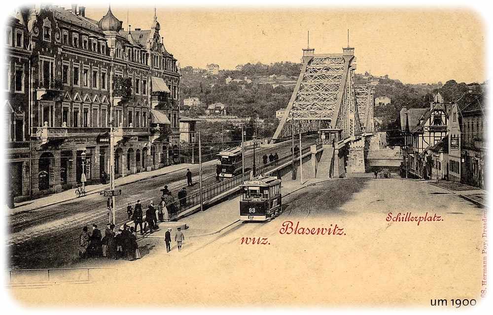 Ansicht aus dem Jahr 1900 auf die König-Albert- Brücke (alias "Blaues Wunder", alias Loschwitzer Brücke". Links ist die später "Toscana" genannte Kaffeerösterei zu erahnen. Repro aus dem Archiv des des Café Toscana / Stadtarchiv Dresden