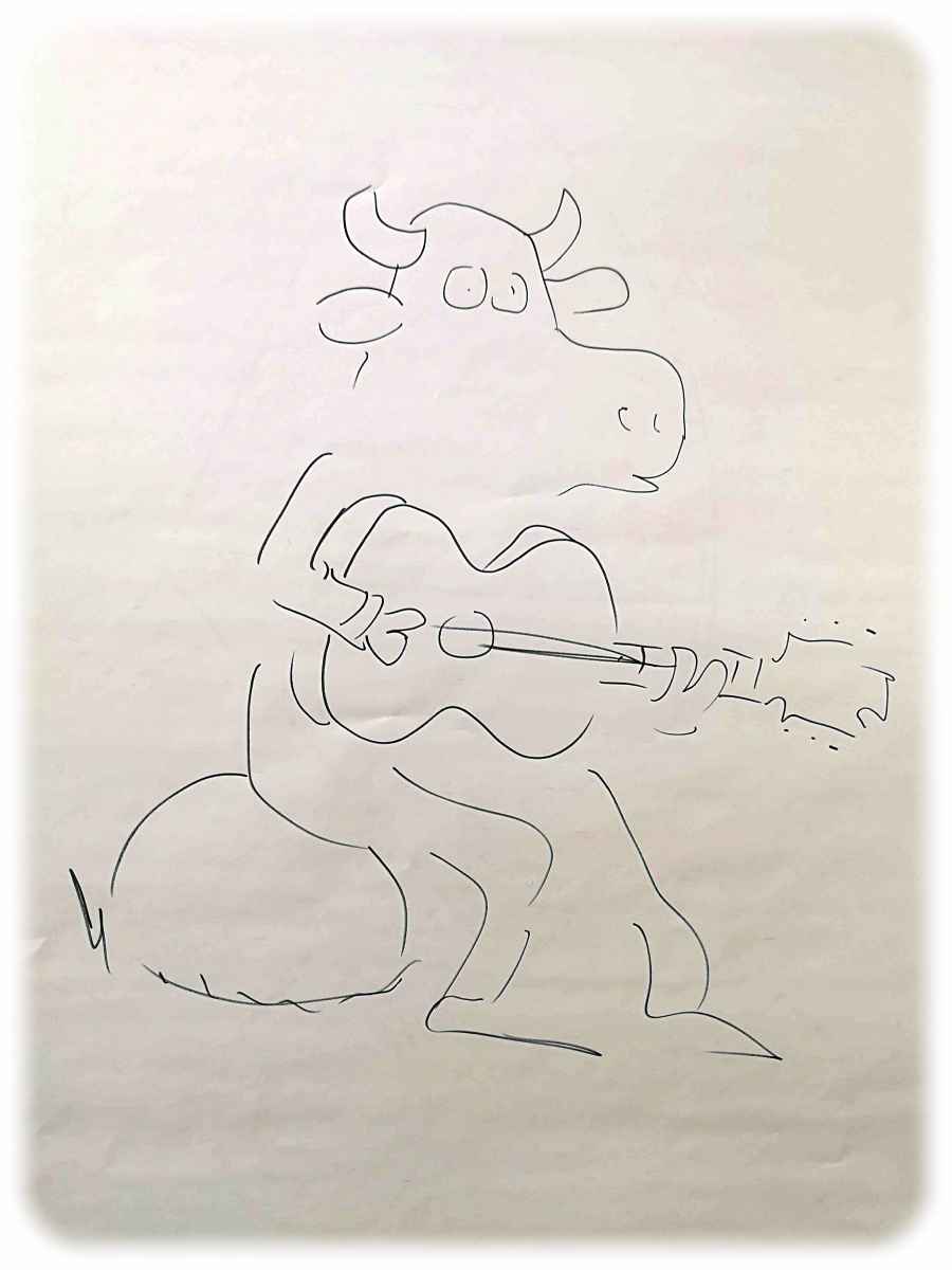 Die Kuh spielt Gitarre - Schnellzeichnung von Ole Könnecke beim Kinderliteraturfestival Dresden. Repro: Heiko Weckbrodt