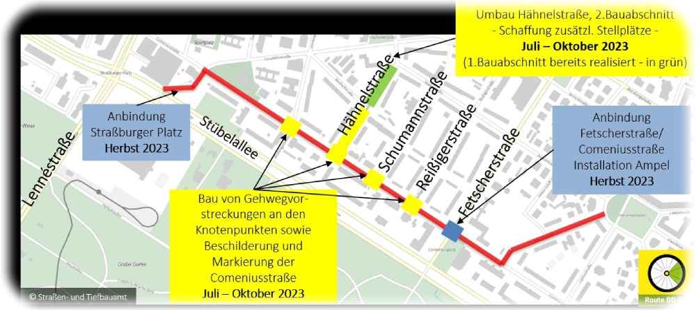 Die Karte zeigt den zeitlichen Ablauf für die Verlängerung der Radroute Ost in Dresden-Johannstadt. Karte: Straßen- und Tiefbauamt