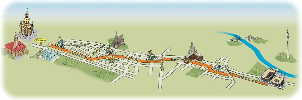 Die 3D-Visualisierung zeigt den geplanten kompletten Verlauf der Radroute Ost vom Stadtzentrum bis zum alten Laubegaster Elbarm. Grafik: Straßen- und Tiefbauamt