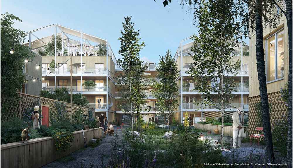 Gemeinschaftsgärten und Wohnhäuser, die die Form der früheren Gewächshäuser aufnehmen, sollen das künftige Wohnviertel auf dem Areal der ehemaligen Gärtnerei in Dresden-Tolkewitz prägen. Der Entwurf stammt von Querfeldeins, die Visualisierung von Lindenkreuz Eggert
