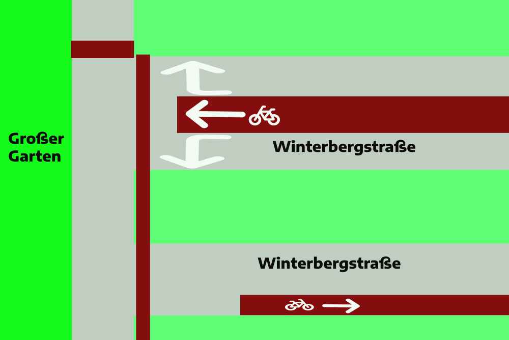 So will Verkehrs-Bürgermeister Kühn - vereinfacht dargestellt - die Winterbergstraße an der Pikardie neu aufteilen- Grafik: hw, basierend auf Skizze LHD