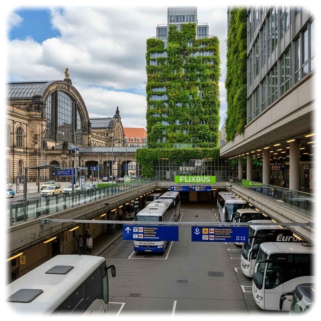 Dresden soll endlich einen Fernbus-Bahnhof bekommen, kombiniert mit einem Büro- und Mobilitätskomplex. Hinweis: Dies ist keine Visualisierung des S&G-Projektes. Visualisierung: Ki Gemini, Prompt: Heiko Weckbrodt