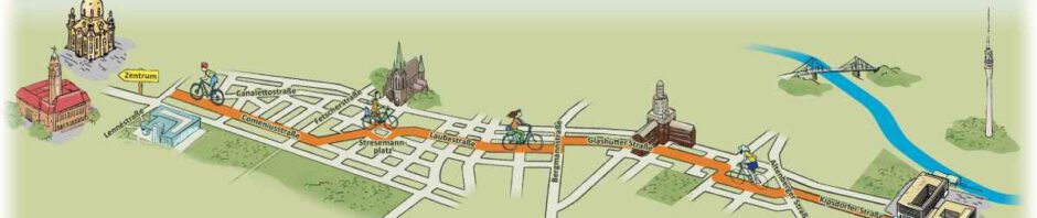 Die 3D-Visualisierung zeigt den geplanten kompletten Verlauf der Radroute Ost vom Stadtzentrum bis zum alten Laubegaster Elbarm. Grafik: Straßen- und Tiefbauamt
